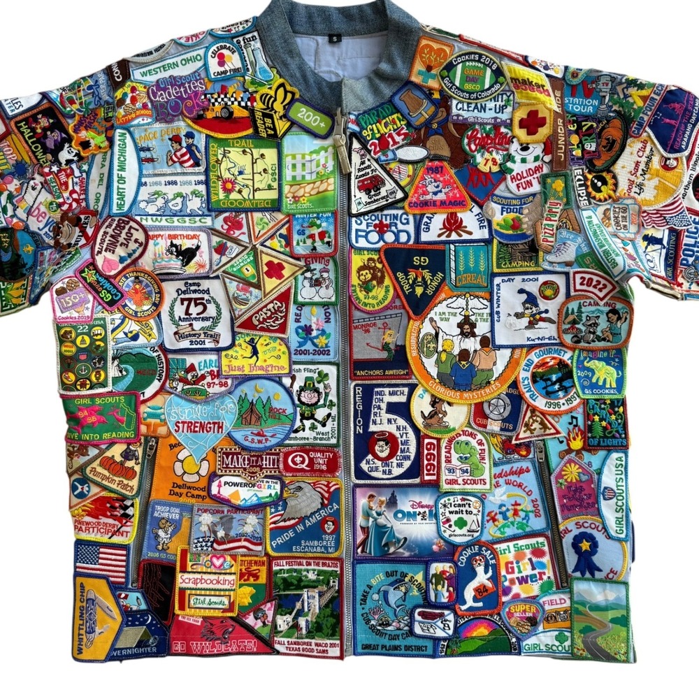 Custom Vintage Scout Patch Denim Bomber Jacket Mens Small One of a Kind Multi